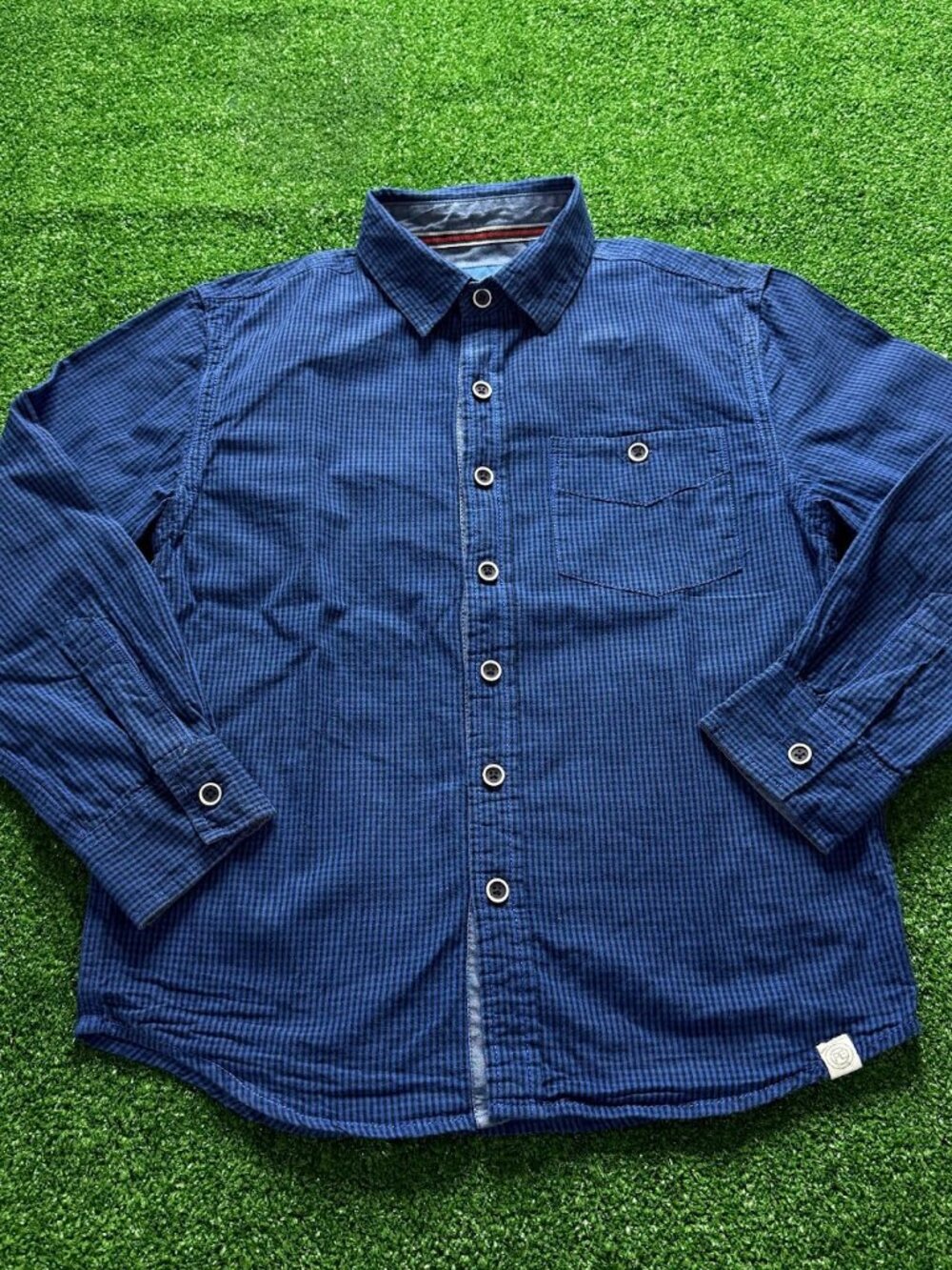 Perry Ellis Boys Size 8 Blue Gingham Check Button Up Shirt Long Sleeve Cotton